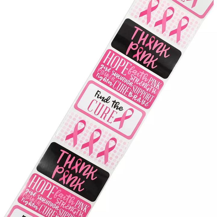 Paper Junkie 500-Pack Breast Cancer Awareness Stickers Roll, Motivation and Thank You Quotes (3 X 1.5 In)