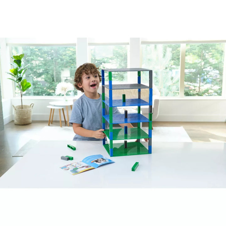 Strictly Briks Toy Building Block - Classic Baseplates 10" X 10" Brik Tower, 6 Baseplates & 50 Stackers in Blue Green & Gray, 56 Pc