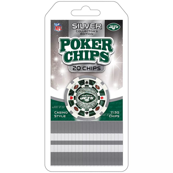 Masterpieces Casino Style 20 Piece 11.5 Gram Poker Chip Set NFL New York Jets Silver Edition.