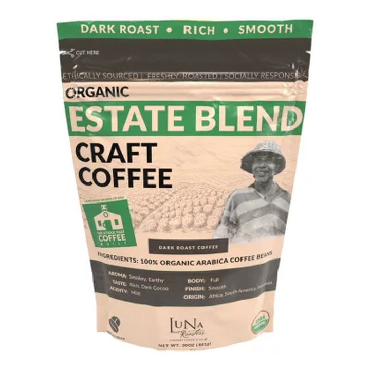 Luna Roasters Organic Estate Blend Craft Whole Bean Coffee, Dark Roast 30 Oz.