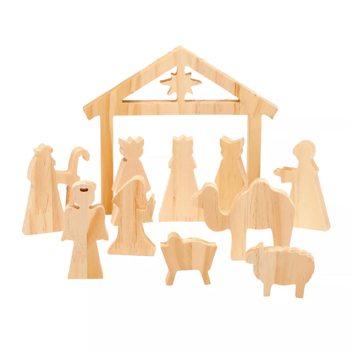 Bright Creations 11 Pieces DIY Wooden Nativity Scene Set, Unfinished Christmas Crafts Decoration