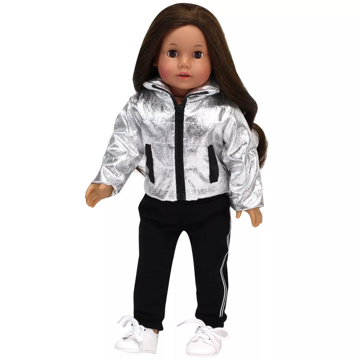 Sophia’S Silver Metallic Jacket, Black Side Stripe Joggers, Sneakers, & Hat for 18” Dolls, Silver/Black