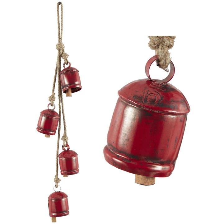 Deco 79 Gold Metal Tibetan Inspired String Hanging Decorative Bells with Jute Hanging Rope 4" x 8" x 52" - Cone 52" x 4" x 8"