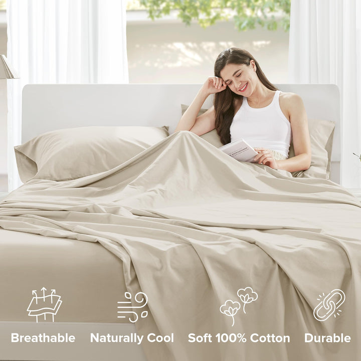 Comfort Spaces 100% Cotton Sheet Set Breathable, Lightweight, Soft with 14" Elastic Pocket Fits up to 16" Mattress, All Season Cozy Bedding, Matching Pillow Case, Queen Good Vibes 4 Piece