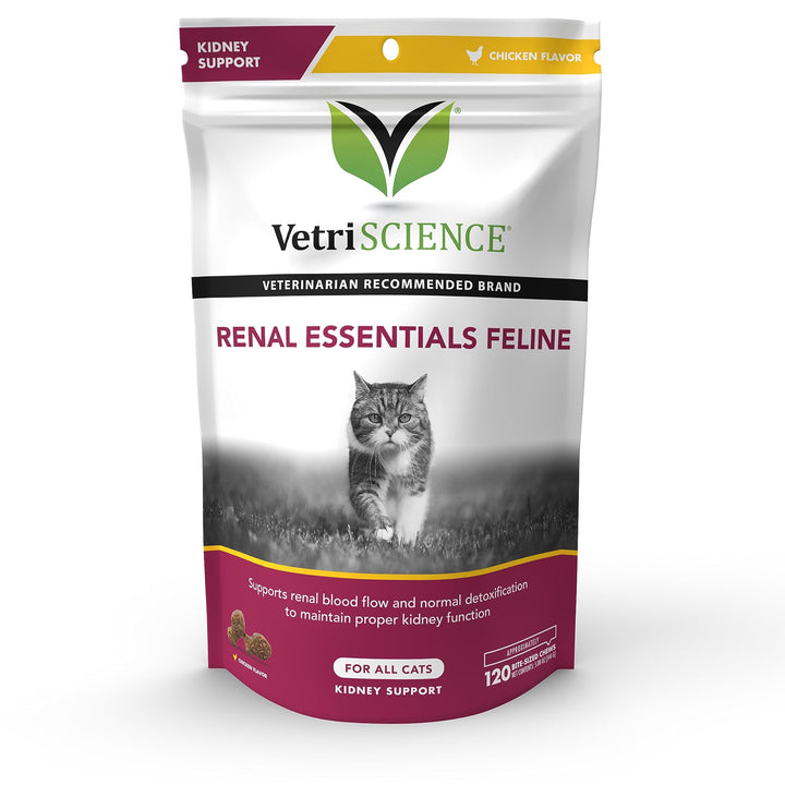 VetriScience Renal Essentials Feline Kidney Supplement for Cats – Kidney and Urinary Tract Support, Cat Kidney Supplement with Astragalus Root, Nettle, Herbs, and Folic Acid 120 Bite-Sized Chews