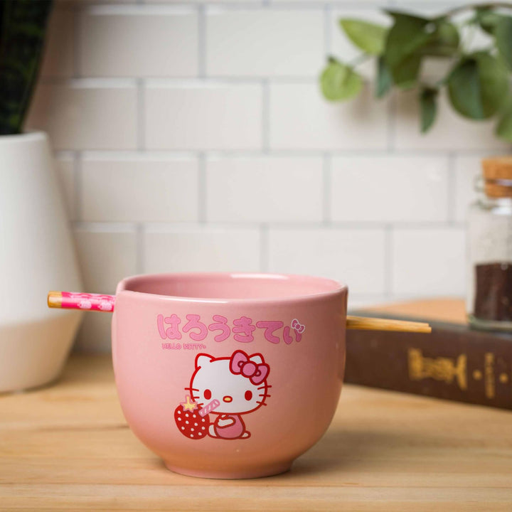 Silver Buffalo Sanrio Hello Kitty Strawberry Milk Japanese Character Ceramic Ramen Rice Bowl with Chopsticks, 20 Ounces, Pink