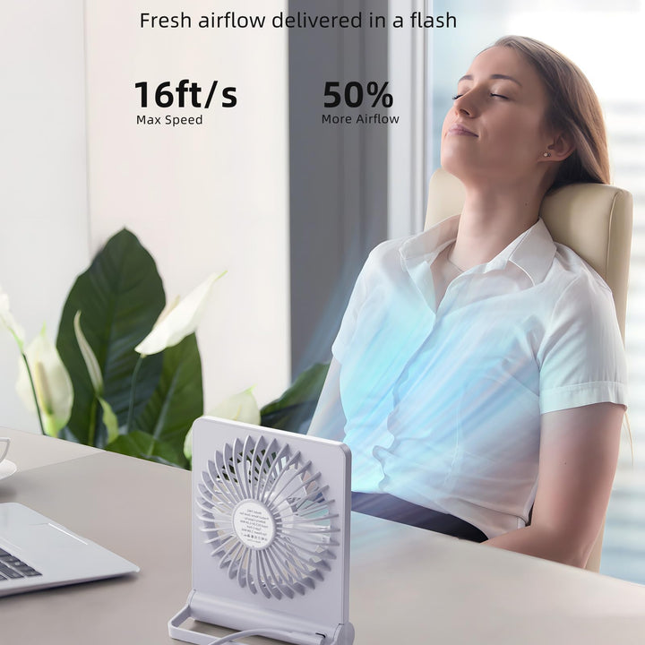 Koonie USB Fan, Strong Wind Ultra Quiet Small Desk Fan 220° Tilt Folding 3 Speeds Adjustable USB-C Corded Powered Personal Fan for Home Office Desktop White White without Battery 5.7in