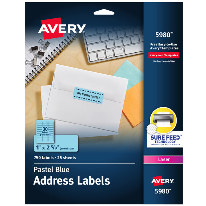 Avery Printable Address Labels with Sure Feed, 1" x 2-5/8", Pastel Blue, 750 Blank Mailing Labels (5980) 750 labels