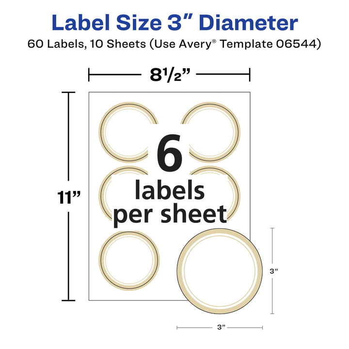 Avery Matte White Labels with Metallic Gold Borders, 3" Round Labels, 60 Total, Laser/Inkjet Printable Labels (6544)