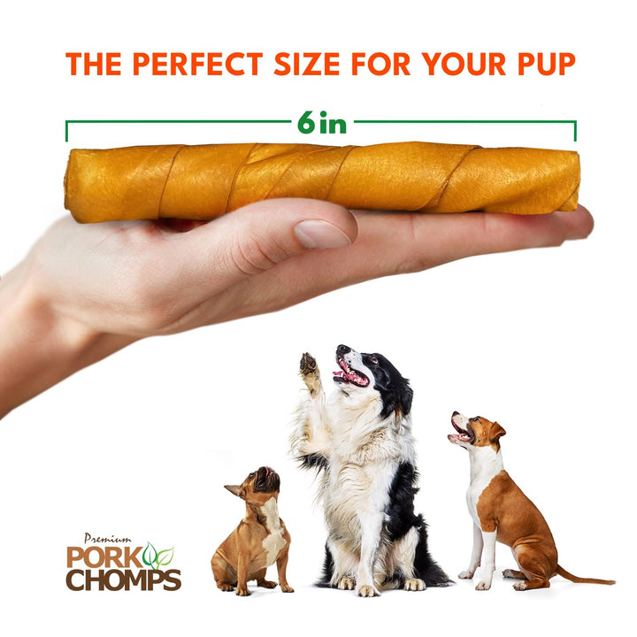 Pork Chomps Baked Pork Skin Dog Chews, 6-inch Twists, Real Chicken Wrap, 4 Count 4 Count (Pack of 1)