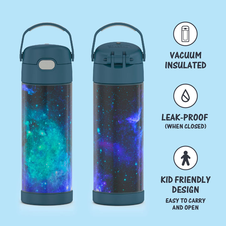 THERMOS FUNTAINER 16 Ounce Stainless Steel Vacuum Insulated Bottle with Wide Spout Lid, Galaxy Teal