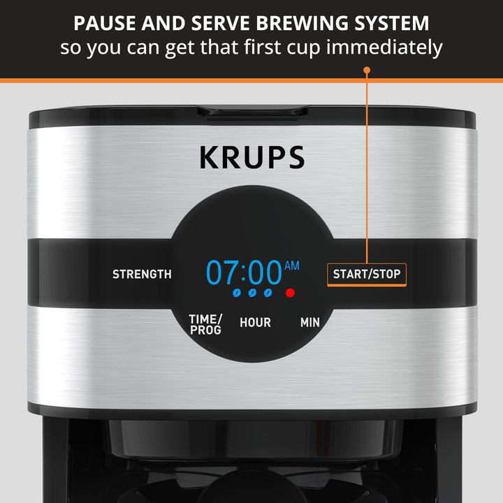 Krups Coffee Maker 10 Cups Digital Simply Brew Stainless Steel Drip Coffee Maker 900 Watts Digital Control, Coffee Filter, Drip Free, Dishwasher Safe Pot Silver and Black 10-Cup Glass & Digital