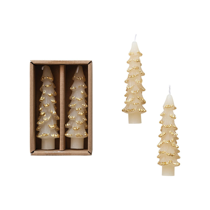 Creative Co-Op Unscented Textured Tree Shaped Taper Candles with Gold Tips in Box, Blue, Set of 2 Gold/Blue 5"