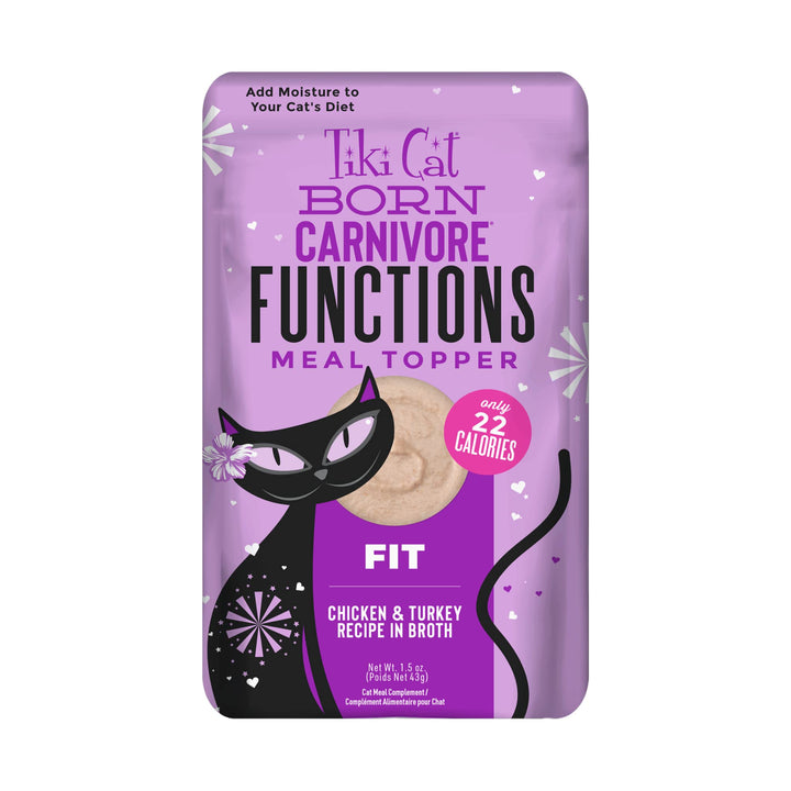 Tiki Cat Born Carnivore Functions Fit, Chicken & Turkey Recipe in Broth, Formulated to Support Optimal Body Condition, Mousse Cat Food Topper, 1.5 oz. Pouch (12 Count)