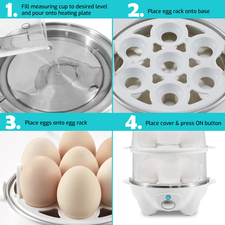 Elite Gourmet EGC1405W 2-Tiered Rapid Egg Cooker, 5-Egg Poacher, Omelets, Soft, Medium, Hard-Boiled Eggs with Auto Shut-Off and Buzzer, BPA Free, 14 eggs, White 14 Egg