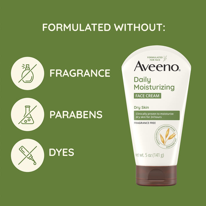 Aveeno Daily Moisturizing Face Cream with Prebiotic Oat for Sensitive Skin, Lightweight Hydrating Face Moisturizer for Dry Skin, Paraben-Free, Fragrance-Free, Dye-Free, 5 FL OZ 5 Ounce (Pack of 1)