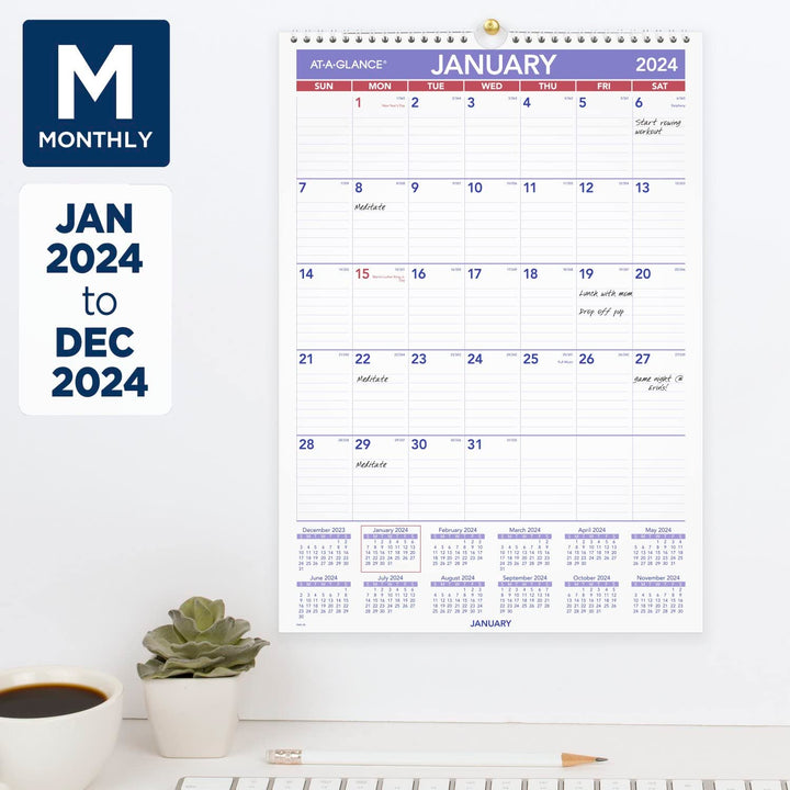 AT-A-GLANCE 2024 Wall Calendar, 12" x 17", Medium Tall, Spiral Bound, Monthly (PM22824) 2024 Old Edition