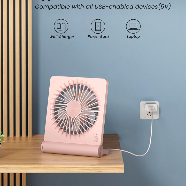 Koonie USB Fan, Strong Wind Ultra Quiet Small Desk Fan 220° Tilt Folding 3 Speeds Adjustable USB-C Corded Powered Personal Fan for Home Office Desktop Pink Pink without Battery 5.7in