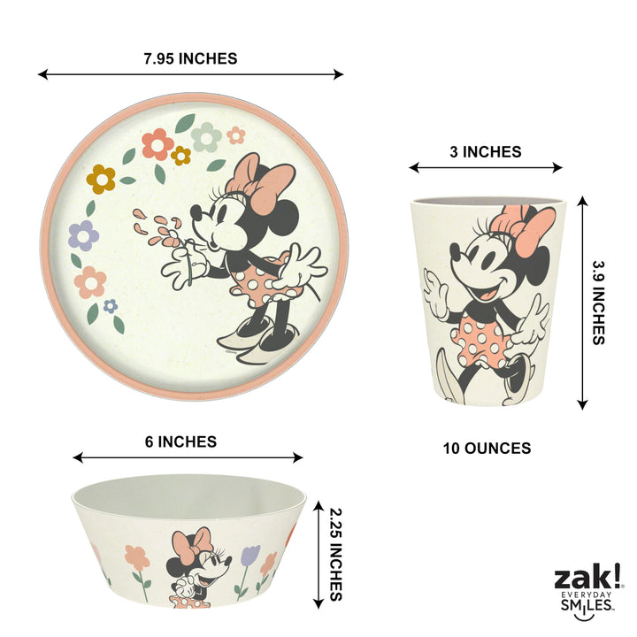 Zak Designs Disney Kids Dinnerware Set 3 Pieces, Durable and Sustainable Melamine Bamboo Plate, Bowl, and Tumbler are Perfect For Dinner Time With Family (Minnie Mouse) 8" Plate, 6" Bowl, 10oz Tumbler Minnie Mouse