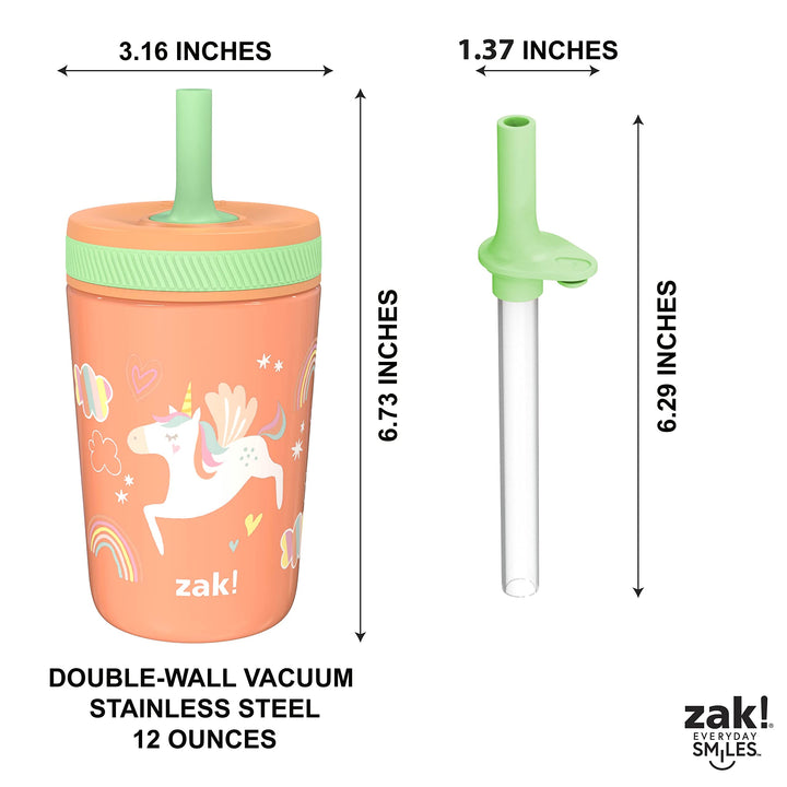 Zak Designs Unicorn Kelso Tumbler Set, Leak-Proof Screw-On Lid with Straw, Bundle for Kids Includes Plastic and Stainless Steel Cups with Bonus Sipper, 3pc Set, Non-BPA, 15 fl.oz. Classic