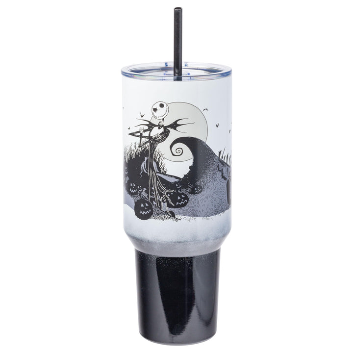 Silver Buffalo Disney Nightmare Before Christmas by Tim Burton Jack Skellington Hill and Moon Stainless Steel Tumbler with Handle and Straw, Fits in Standard Cup Holder, 40 Ounces