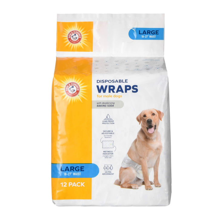 Arm & Hammer For Pets Male Dog Wraps, Medium 12 Ct | Ultra-Absorbent, Adjustable Male Dog Diapers with Leak-Proof Protection & Wetness Indicator | Arm & Hammer Baking Soda Enhanced for Odor Control Male Wraps Medium (12 Count)