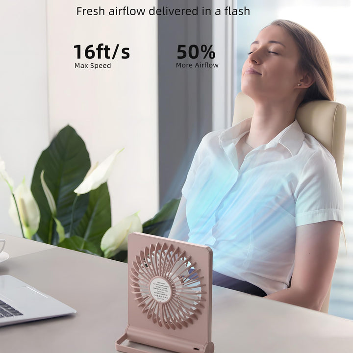 Koonie Portable Desk Fan, 3.5-20hrs Battery Operated Small USB Fan with Ultra Quiet 220 Tilt Folding, Rechargeable Personal Fan with 3 Speeds Strong Wind for Home Office Desktop, Pink