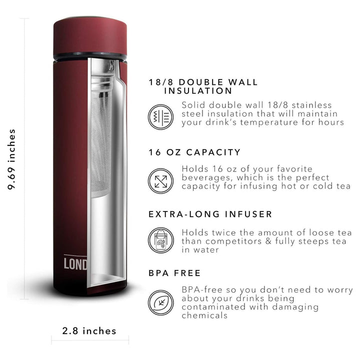 London Sip Multi-Purpose Travel Mug and Tumbler Fruit Infused Flask Hot and Cold Double Wall Stainless Steel Thermos with Extra-Long Infuser, Sacred Red 16.9 Ounces