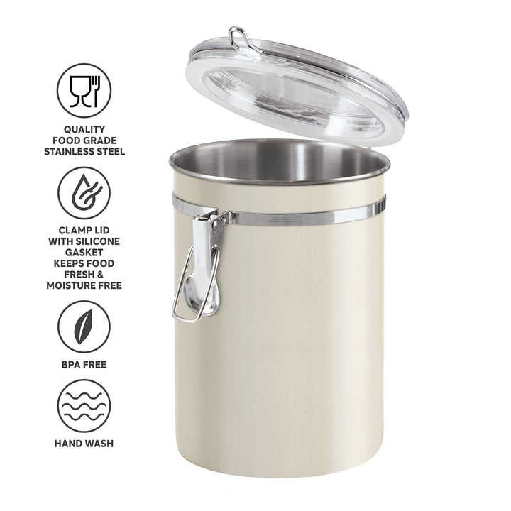 Oggi Stainless Steel Kitchen Canister 47 fl oz, Gray - Airtight Clamp Lid, Clear See-Thru Top - Ideal for Kitchen Storage, Food Storage, Pantry Storage. Large Size 5" x 6". Warm Gray 52-ounce Airtight Canister