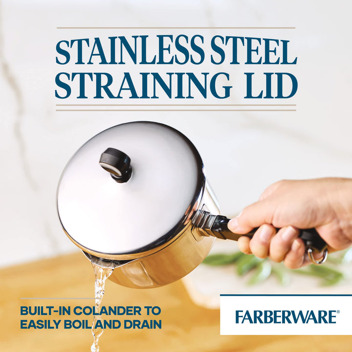 Farberware Classic Stainless Steel 1-Quart Covered Straining Saucepan, Silver