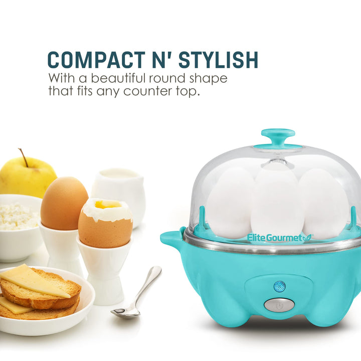 Elite Gourmet EGC-007T# Rapid Egg Cooker, 7 Easy-To-Peel, Hard, Medium, Soft Boiled Eggs, Poacher, Omelet Maker, Auto Shut-Off, Alarm, 16-Recipe Booklet, Teal 7 Egg Blue