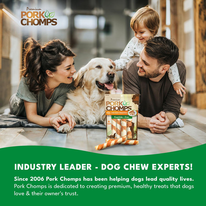 Pork Chomps Baked Pork Skin Dog Chews, 6-inch Twists, Real Chicken Wrap, 4 Count 4 Count (Pack of 1)