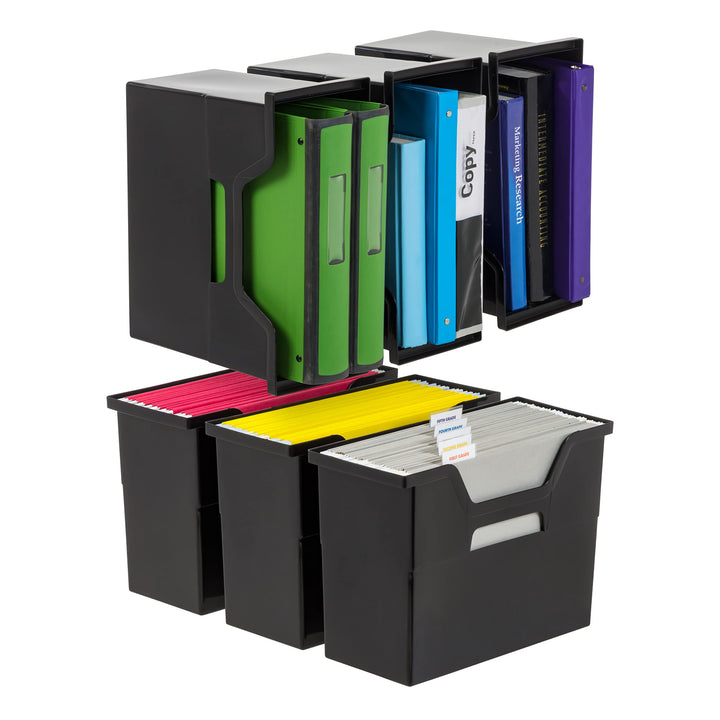 IRIS USA Medium Portable Desktop File Box with Open Lid, 6 Pack, Side Handles, Hanging File Folders, Tabs & Inserts, Letter Size, Magazines, Newspapers, Mail, Books, Notebooks, Black Medium, Black - 6 Pack