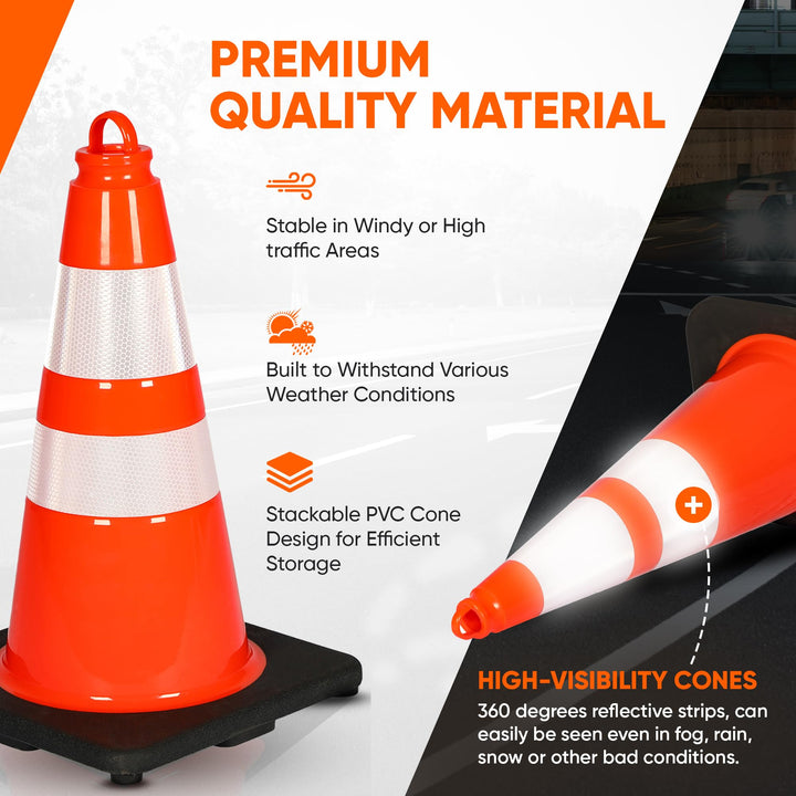 Pyle 12-Pack Traffic Safety Cones 18" inch High Visibility, Reflective Collars, PVC Durable Construction Orange Cones, w/easy to carry Hook, Sturdy for Traffic, Home, Parking, Road Safety, Driveway 18 Inch