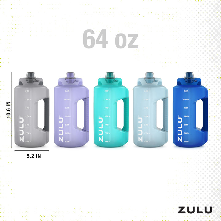 ZULU Goals 64oz Large Half Gallon Jug Water Bottle with Motivational Time Marker, Covered Straw Spout and Carrying Handle, Perfect for Gym, Home, and Sports Dusty Blue Plastic