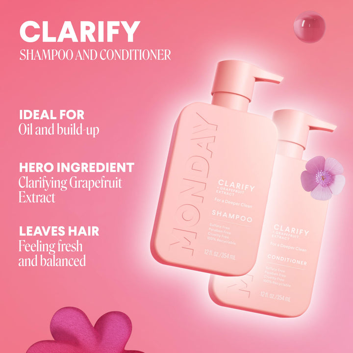 MONDAY HAIRCARE Clarify Shampoo and Conditioner Set 12oz for Oily Hair + Hair Gummies for Thicker and Stronger Hair (60 count) Strawberry Flavored