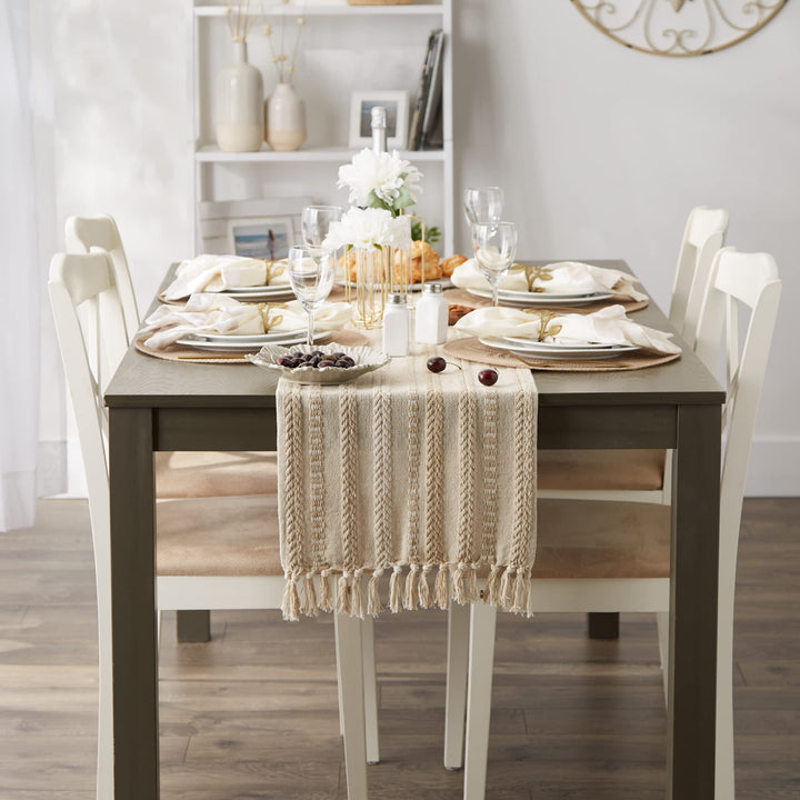 DII Farmhouse Braided Stripe Table Runner Collection, 15x72 (15x77, Fringe Included), Vintage Linen 15x72" (15x77", Fringe Included) Striped