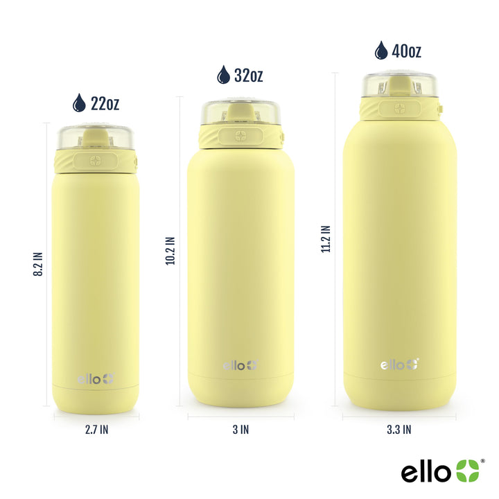 Ello Cooper Stainless Steel Water Bottle with Straw and Carry Handle, Double Walled and Vacuum Insulated Metal, Leak Proof Locking Lid with Soft Silicone Spout, Reusable, BPA Free, 22oz, 32oz, 40oz Lemonade