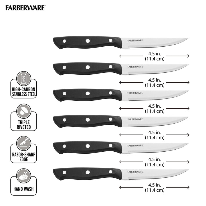 Farberware Triple Riveted Steak Knife Set, 6-Piece, High-Carbon Stainless Steel Knife Set, Razor-Sharp Steak Knife Set with Fine Edge Blades, Black 6 Piece