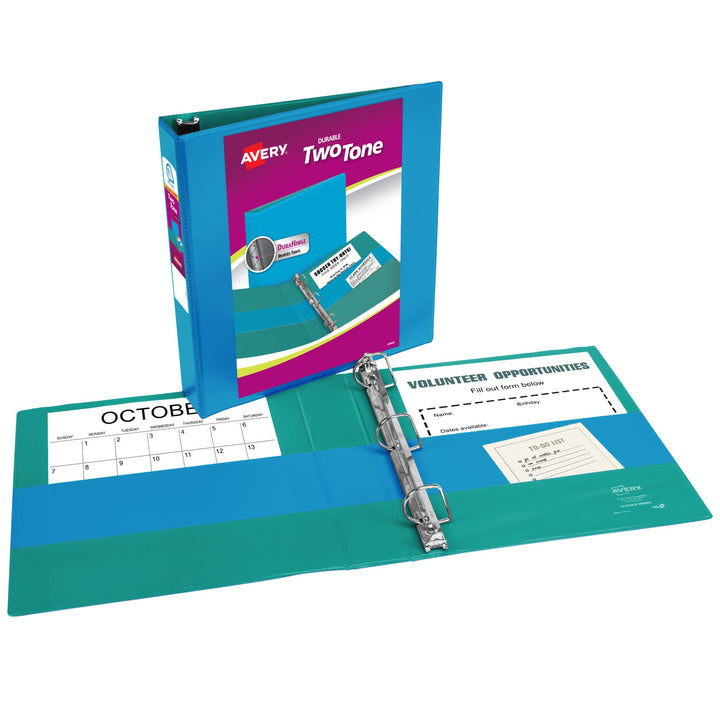 Avery Two-Tone Durable 3 Ring Binder, 1.5 Inch Slant Rings, Blue/Teal View Binder (17292)