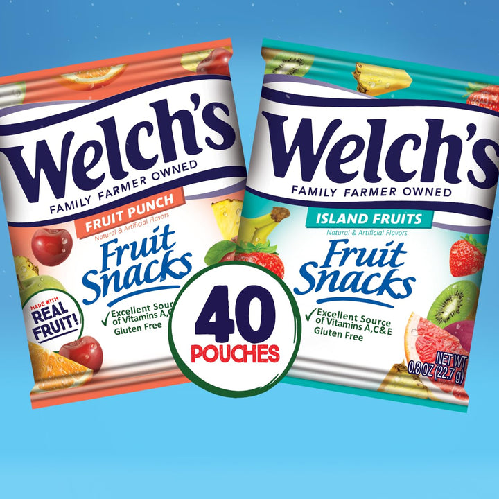 Welch's Fruit Snacks, Fruit Punch & Island Fruits Variety Pack, Perfect for School Lunches, Gluten Free, Bulk Pack, 0.8 oz Individual Single Serve Bags (Pack of 40) 0.8 Ounce (Pack of 40)