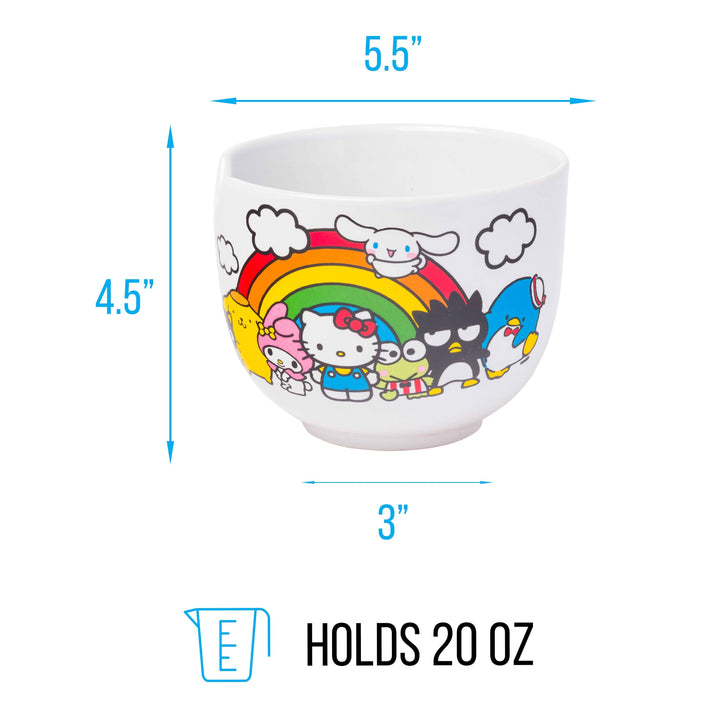 Silver Buffalo Sanrio Hello Kitty and Friends Rainbow Ceramic Ramen Rice Bowl with Chopsticks, 20 Ounces, White/Multi Cartoon