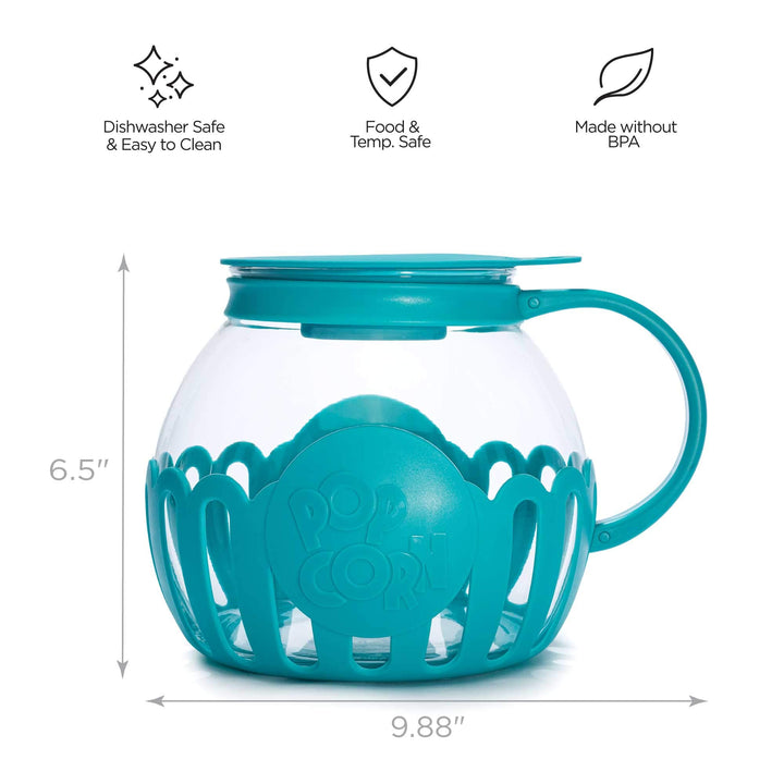 Ecolution Patented Micro-Pop Microwave Popcorn Popper with Temperature Safe Glass, 3-in-1 Lid Measures Kernels and Melts Butter, Made Without BPA, Dishwasher Safe, 3-Quart, Teal 3-Quart Family Size