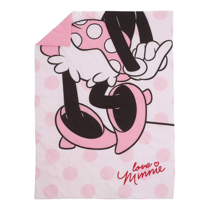 Minnie Mouse Pink, White and Black 4 Piece Toddler Bed Set with Comforter, Fitted Bottom Sheet, Flat Top Sheet, Standard Size Pillowcase