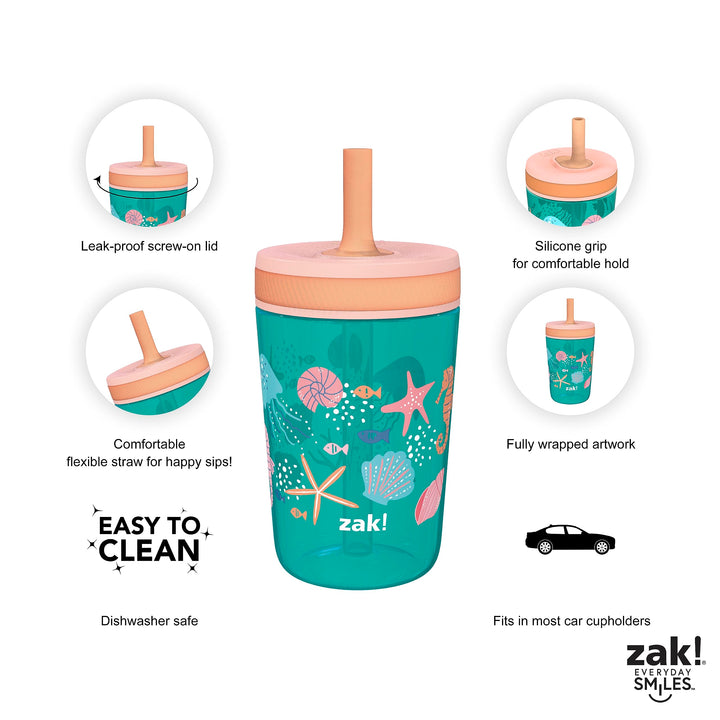 Zak Designs Shells Kelso Tumbler Set, Leak-Proof Screw-On Lid with Straw, Bundle for Kids Includes Plastic and Stainless Steel Cups with Bonus Sipper (3pc Set, Non-BPA) 15 fl.oz. Classic