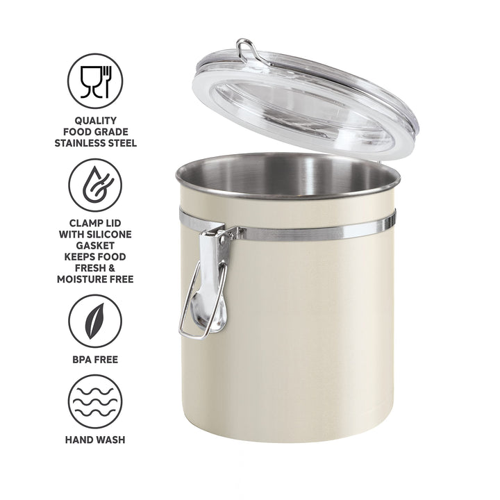 Oggi Stainless Steel Kitchen Canister 36 fl oz, Gray - Airtight Clamp Lid, Clear See-Thru Top - Ideal for Kitchen Storage, Food Storage, Pantry Storage. Size 4.75" H x 5" W (including Lid). Warm Gray 36-ounce Airtight Canister