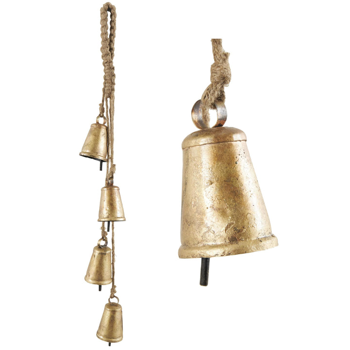 Deco 79 Gold Metal Tibetan Inspired String Hanging Decorative Bells with Jute Hanging Rope 4" x 8" x 52" - Cone 52" x 4" x 8"