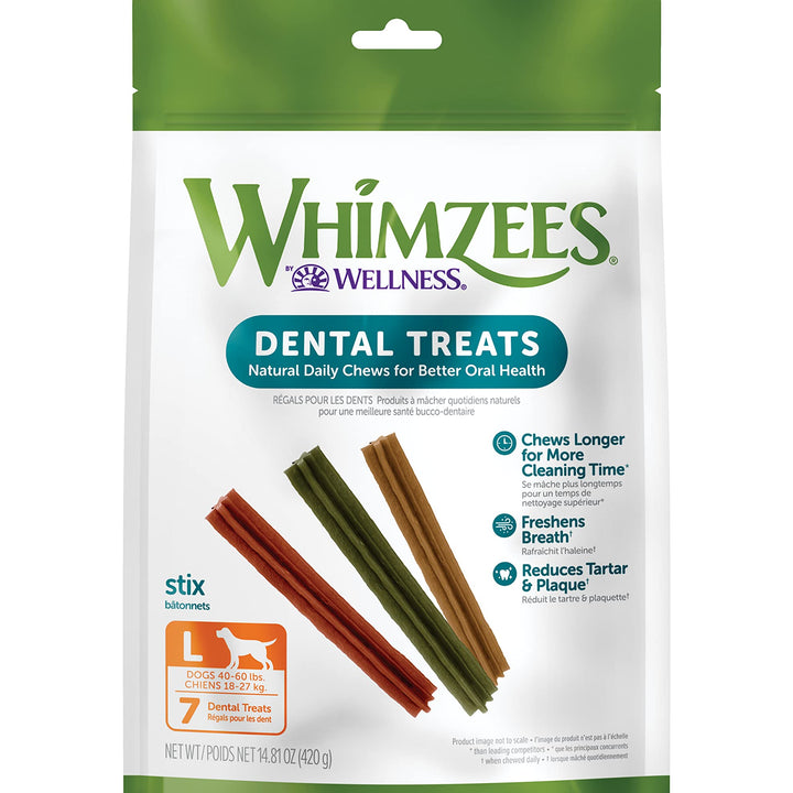 WHIMZEES by Wellness Stix Natural Dental Chews for Dogs, Long Lasting Treats, Grain-Free, Freshens Breath, Large Breed, 7 count Classic Stix 7 Count (Pack of 1)