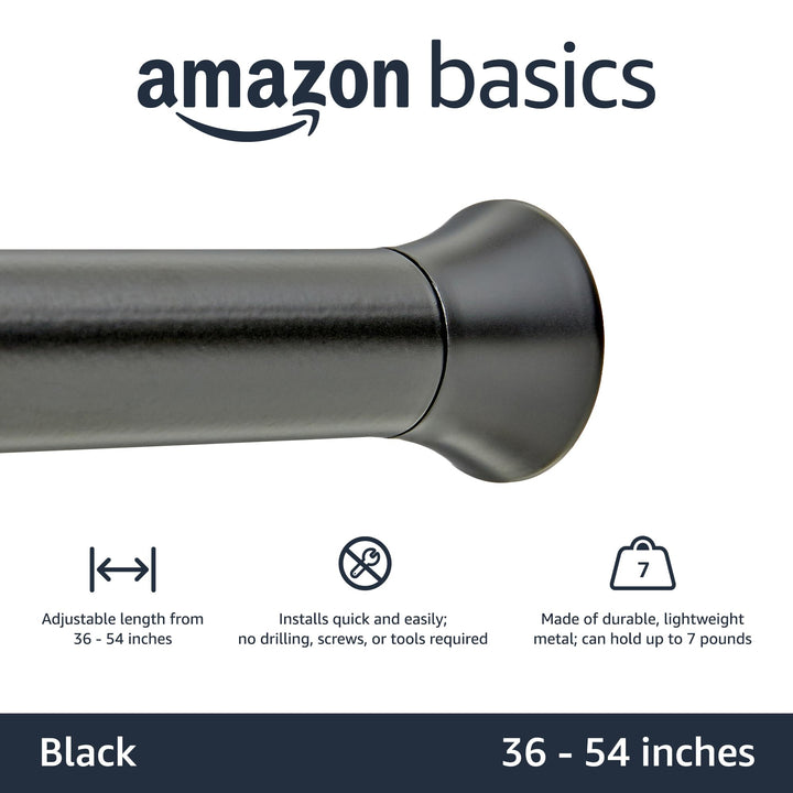 Basics Adjustable Tension Curtain Rod, 36-54" Width - Black, Classic Finial