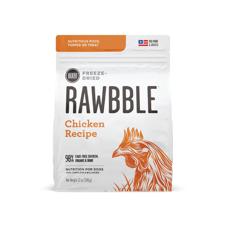 BIXBI Rawbble Freeze Dried Dog Food, Chicken Recipe, 12 oz - 98% Meat and Organs, No Fillers - Pantry-Friendly Raw Dog Food for Meal, Treat or Food Topper - USA Made in Small Batches